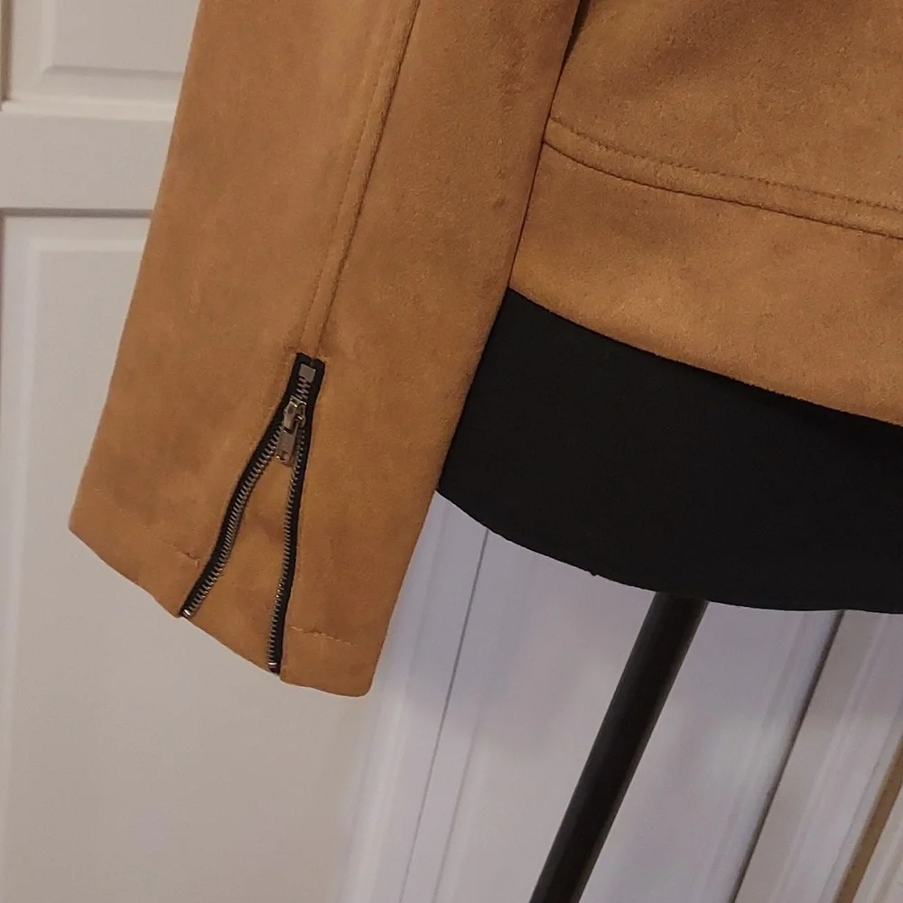 Tan Beige Faux Suede Moto Biker Jacket Size M - Picture 6 of 9